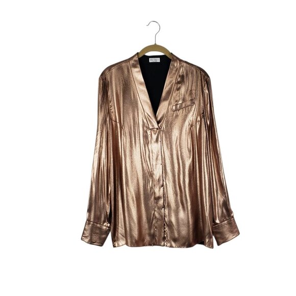 Brunello Cucinelli NWT Metallic Copper Silk Blouse Menswear Style Womens Size XL - Picture 1 of 15